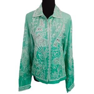 Vintage 80s 100% Silk Jacket Jade Green Soutache Embroidery Women L Art to Wear